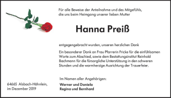 Traueranzeige von Hanna Preiß von vrm-trauer