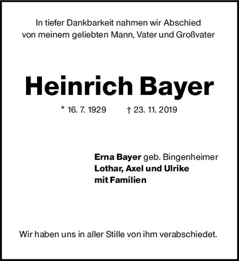  Traueranzeige für Heinrich Bayer vom 07.12.2019 aus vrm-trauer