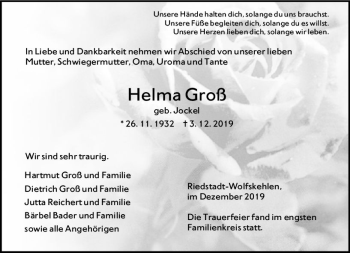 Traueranzeige von Helma Groß von vrm-trauer