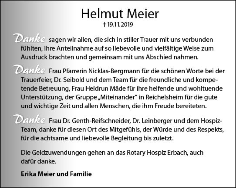  Traueranzeige für Helmut Meier vom 14.12.2019 aus vrm-trauer