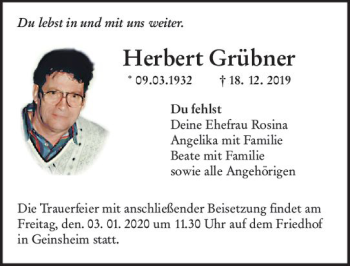 Traueranzeige von Herbert Grübner von vrm-trauer