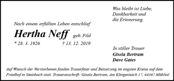 Traueranzeige von Hertha Neff von vrm-trauer