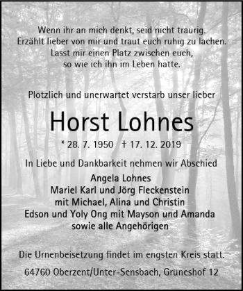 Traueranzeige von Horst Lohnes von vrm-trauer