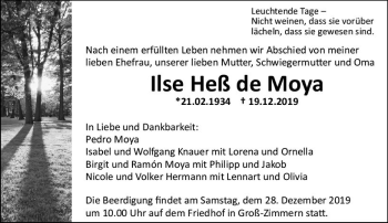 Traueranzeige von Ilse Heß de Moya von vrm-trauer