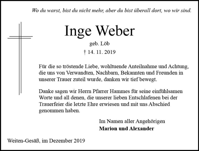  Traueranzeige für Inge Weber vom 14.12.2019 aus vrm-trauer