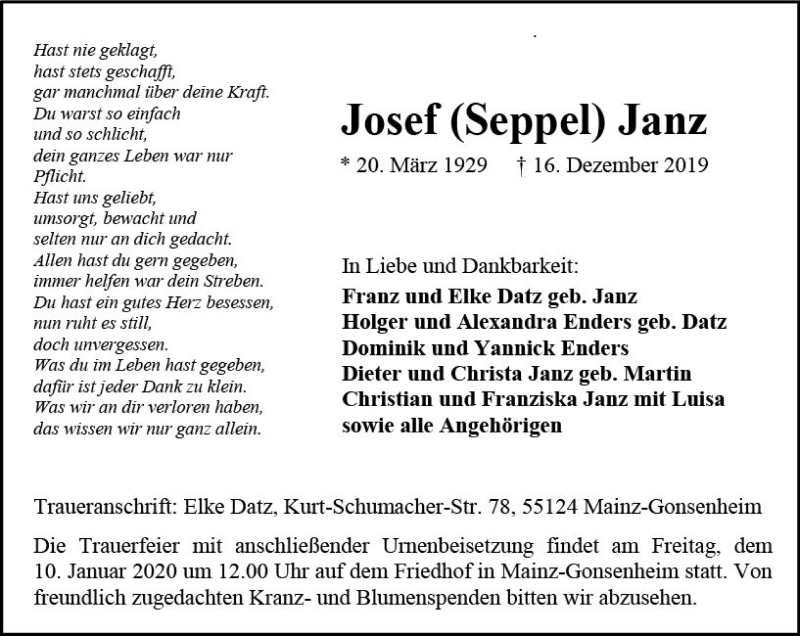  Traueranzeige für Josef Seppel Janz vom 28.12.2019 aus vrm-trauer