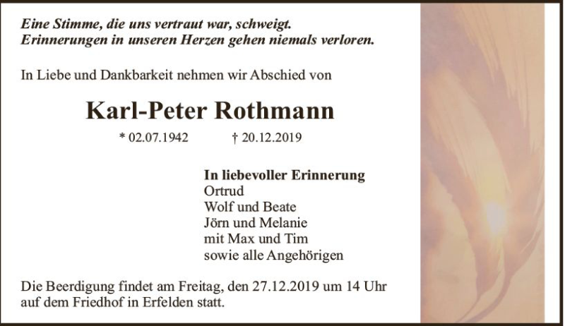  Traueranzeige für Karl-Peter Rothmann vom 24.12.2019 aus vrm-trauer