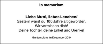 Traueranzeige von Lenchen  von vrm-trauer