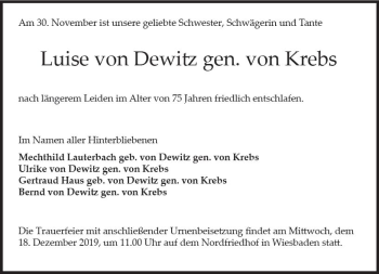 Traueranzeige von Luise von Dewitz von vrm-trauer