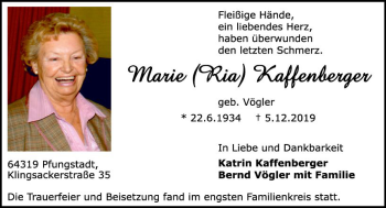 Traueranzeige von Marie Kaffenberger von vrm-trauer