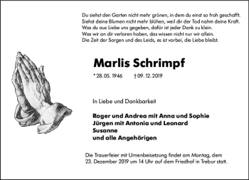 Traueranzeige von Marlis Schrimpf von vrm-trauer