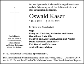 Traueranzeige von Oswald Kaser von vrm-trauer