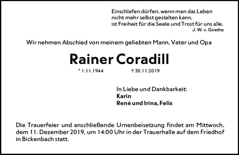  Traueranzeige für Rainer Coradill vom 07.12.2019 aus vrm-trauer