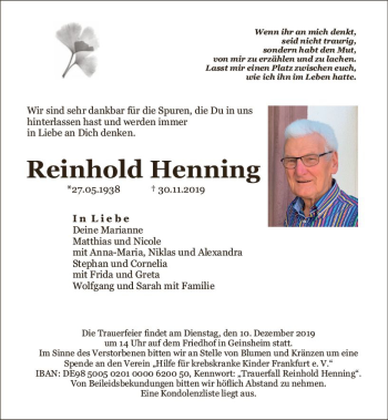 Traueranzeige von Reinhold Henning von vrm-trauer