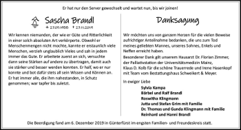 Traueranzeige von Sascha Brandl von vrm-trauer