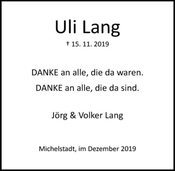 Traueranzeige von Uli Lang von vrm-trauer