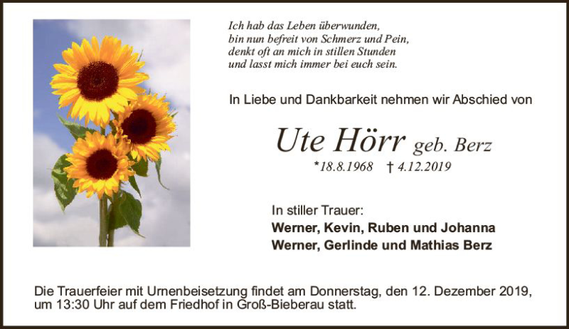  Traueranzeige für Ute Hört vom 07.12.2019 aus vrm-trauer