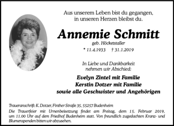 Traueranzeige von Annemie Schmitt von vrm-trauer