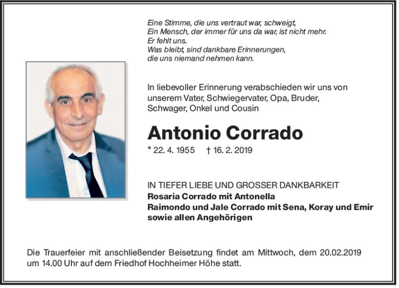  Traueranzeige für Antonio Corrado vom 19.02.2019 aus vrm-trauer
