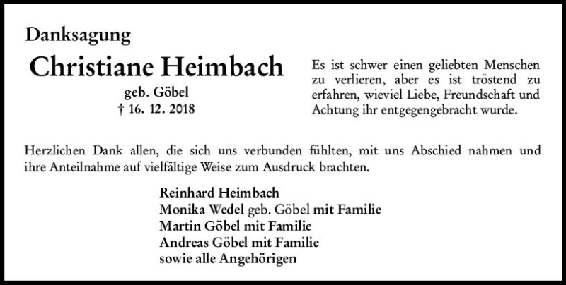  Traueranzeige für Christiane Heimbach vom 02.02.2019 aus vrm-trauer