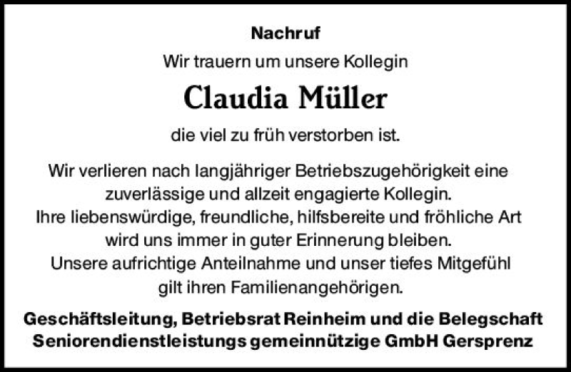  Traueranzeige für Claudia Müller vom 01.02.2019 aus vrm-trauer