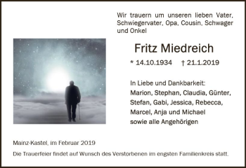 Traueranzeige von Fritz Miedreich von vrm-trauer