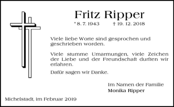Traueranzeige von Fritz Ripper von vrm-trauer