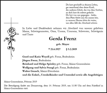Traueranzeige von Gerda Frenz von vrm-trauer