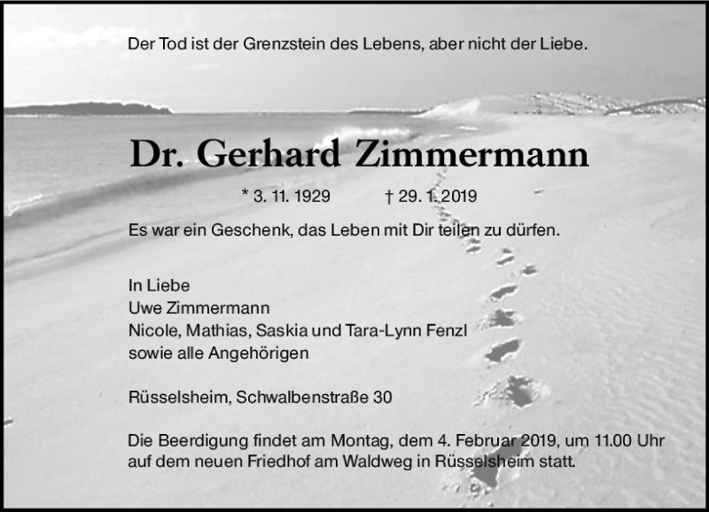  Traueranzeige für Gerhard Zimmermann vom 02.02.2019 aus vrm-trauer