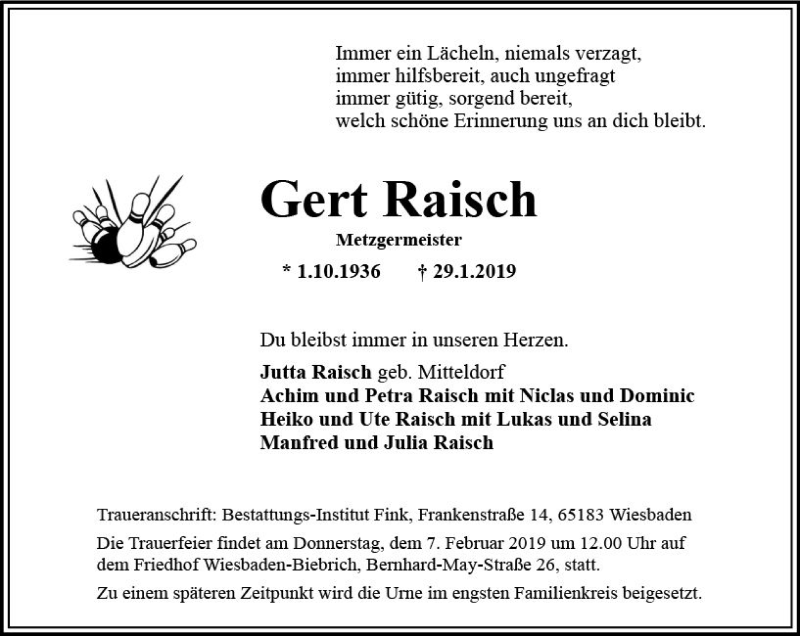  Traueranzeige für Gert Raisch vom 04.02.2019 aus vrm-trauer