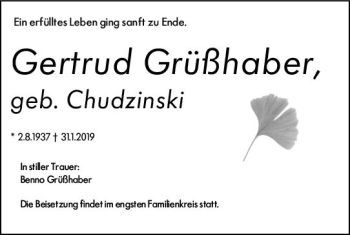Traueranzeige von Gertrud Grüßhaber von vrm-trauer