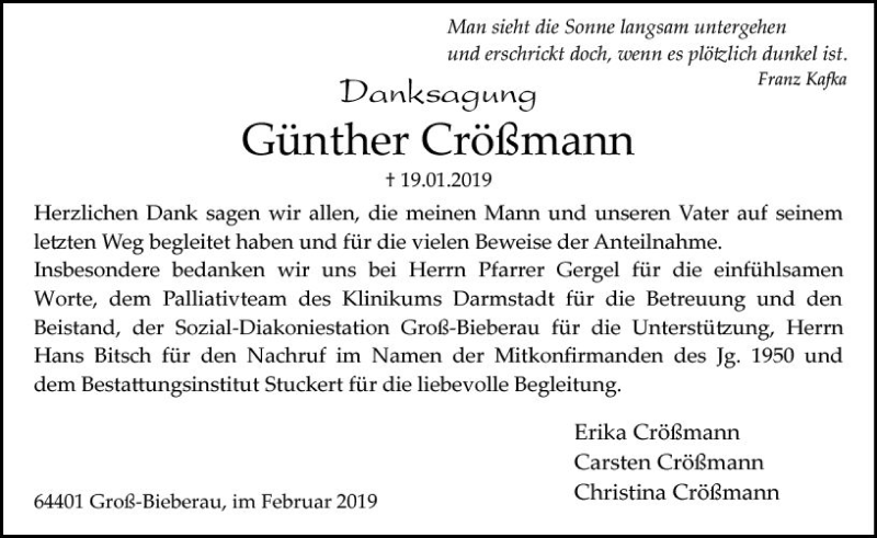  Traueranzeige für Günther Crößmann vom 23.02.2019 aus vrm-trauer