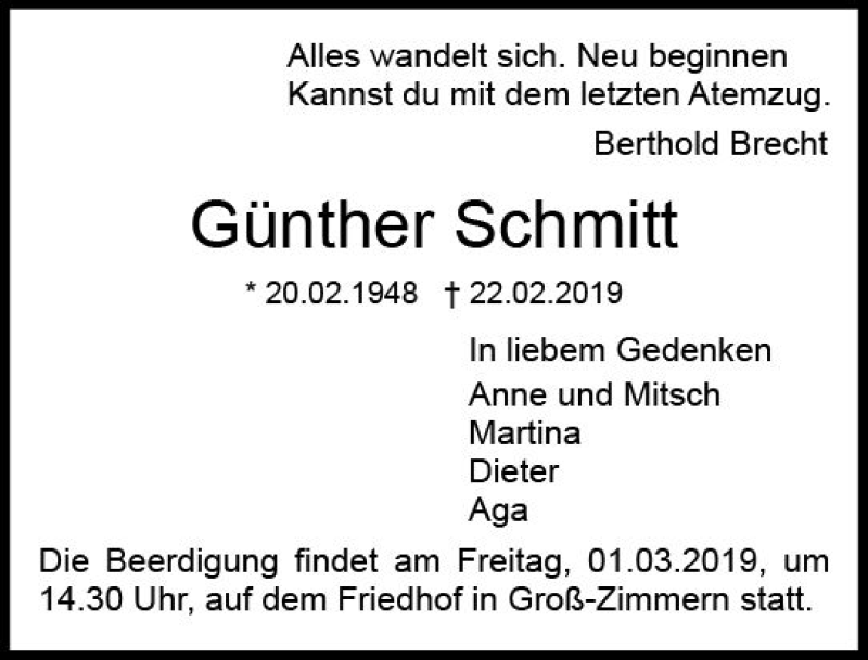  Traueranzeige für Günther Schmitt vom 28.02.2019 aus vrm-trauer