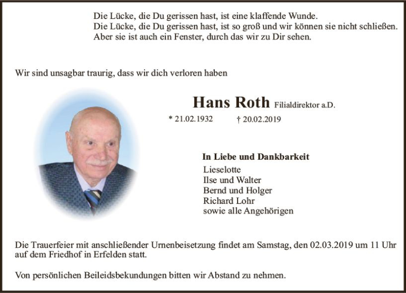  Traueranzeige für Hans Roth vom 27.02.2019 aus vrm-trauer