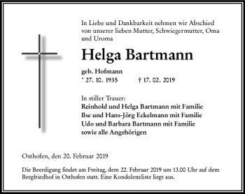 Traueranzeige von Helga Bartmann von vrm-trauer