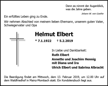 Traueranzeige von Helmut Elbert von vrm-trauer