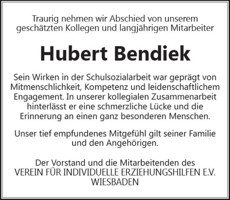  Traueranzeige für Hubert Bendiek vom 09.02.2019 aus vrm-trauer