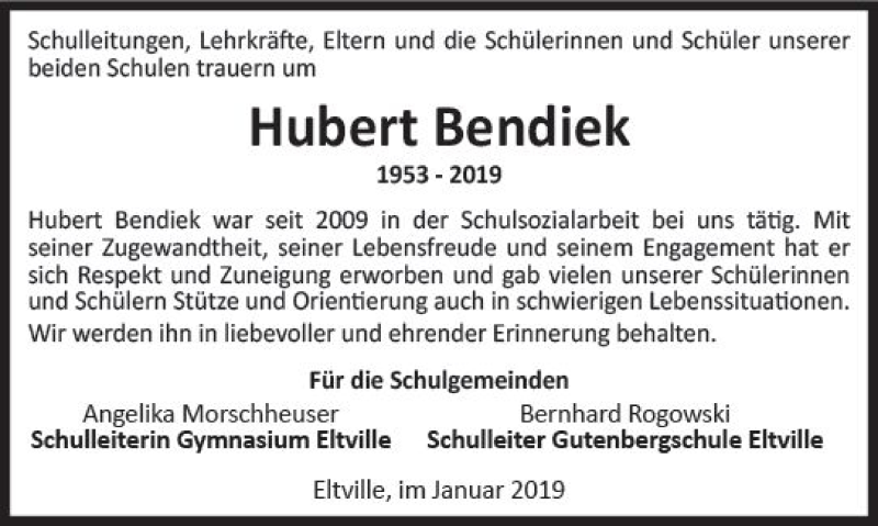  Traueranzeige für Hubert Bendiek vom 09.02.2019 aus vrm-trauer