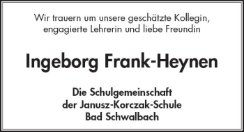 Traueranzeige von Ingeborg Frank-Heynen von vrm-trauer