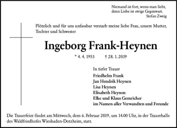 Traueranzeige von Ingeborg Frank-Heynen von vrm-trauer