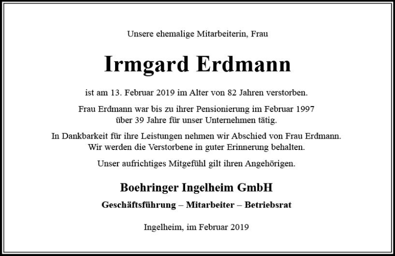  Traueranzeige für Irmgard Erdmann vom 25.02.2019 aus vrm-trauer