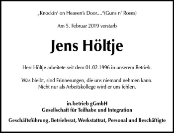 Traueranzeige von Jens Höltje von vrm-trauer