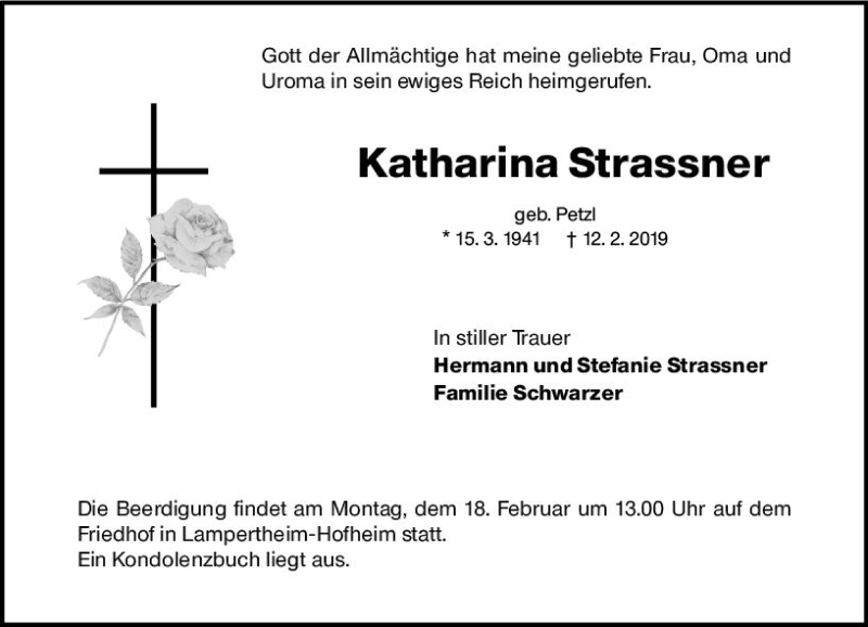  Traueranzeige für Katharina Strassner vom 15.02.2019 aus vrm-trauer