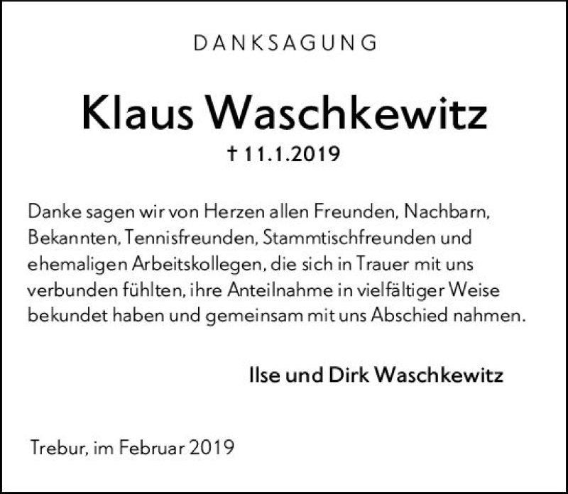  Traueranzeige für Klaus Waschkewitz vom 18.02.2019 aus vrm-trauer