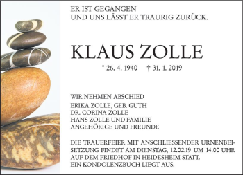Traueranzeige von Klaus Zolle von vrm-trauer