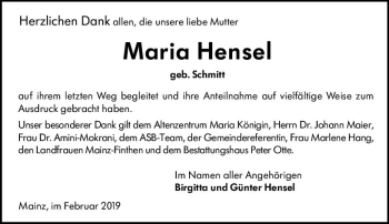 Traueranzeige von Maria Hensel von vrm-trauer