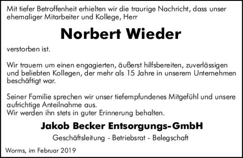  Traueranzeige für Norbert Wieder vom 02.02.2019 aus vrm-trauer