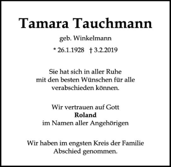 Traueranzeige von Tamara Tauchmann von vrm-trauer