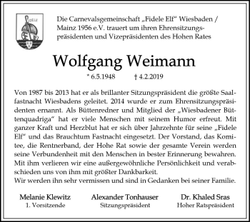 Traueranzeige von Wolfgang Weimann von vrm-trauer