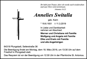 Traueranzeige von Annelies Switalla von vrm-trauer